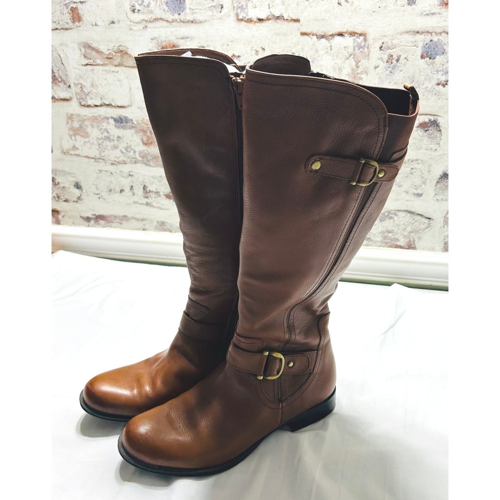 Naturalizer Jersey Riding Boots Womens 9.5W Brown Leather Wide Shaft Good Buckle